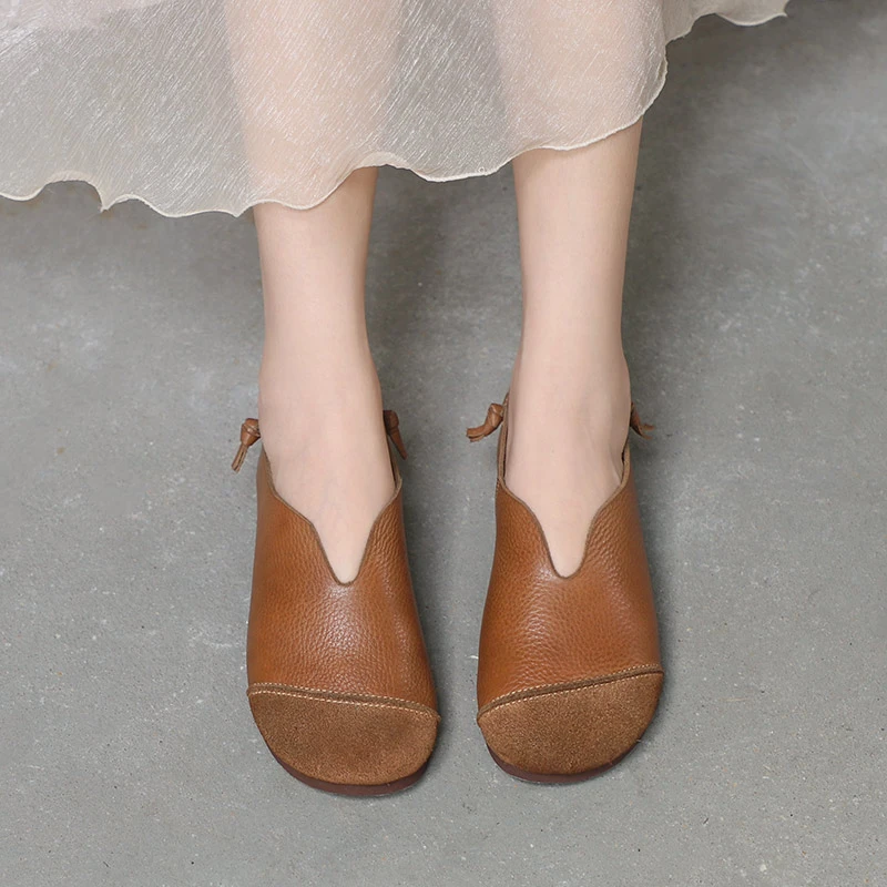 复古休闲低跟软皮软底舒适脚宽脚胖款手工真皮女鞋9738-10