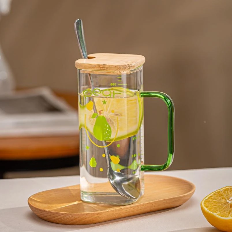 方形玻璃水杯ins吸管刻度杯家用耐热高颜值水果印花杯少女心礼物
