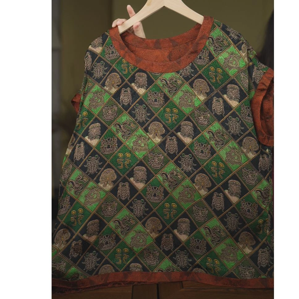 绿野<<达人专属>>1297香云纱女装龙图印花显白飞袖上衣