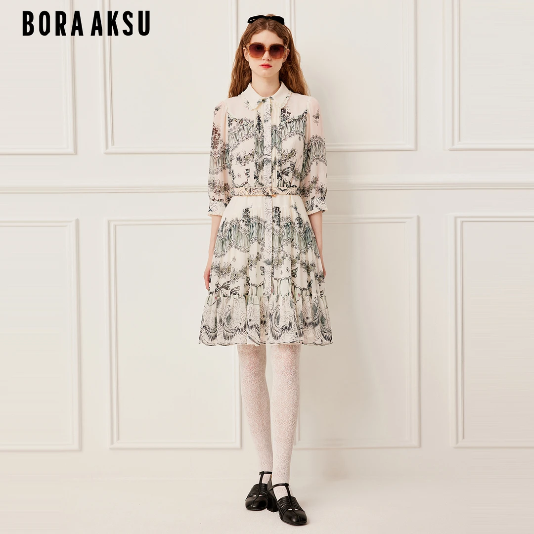 BORAAKSU2025秋冬新品温柔米色底复古艺术木耳边连衣裙B1FFW61860