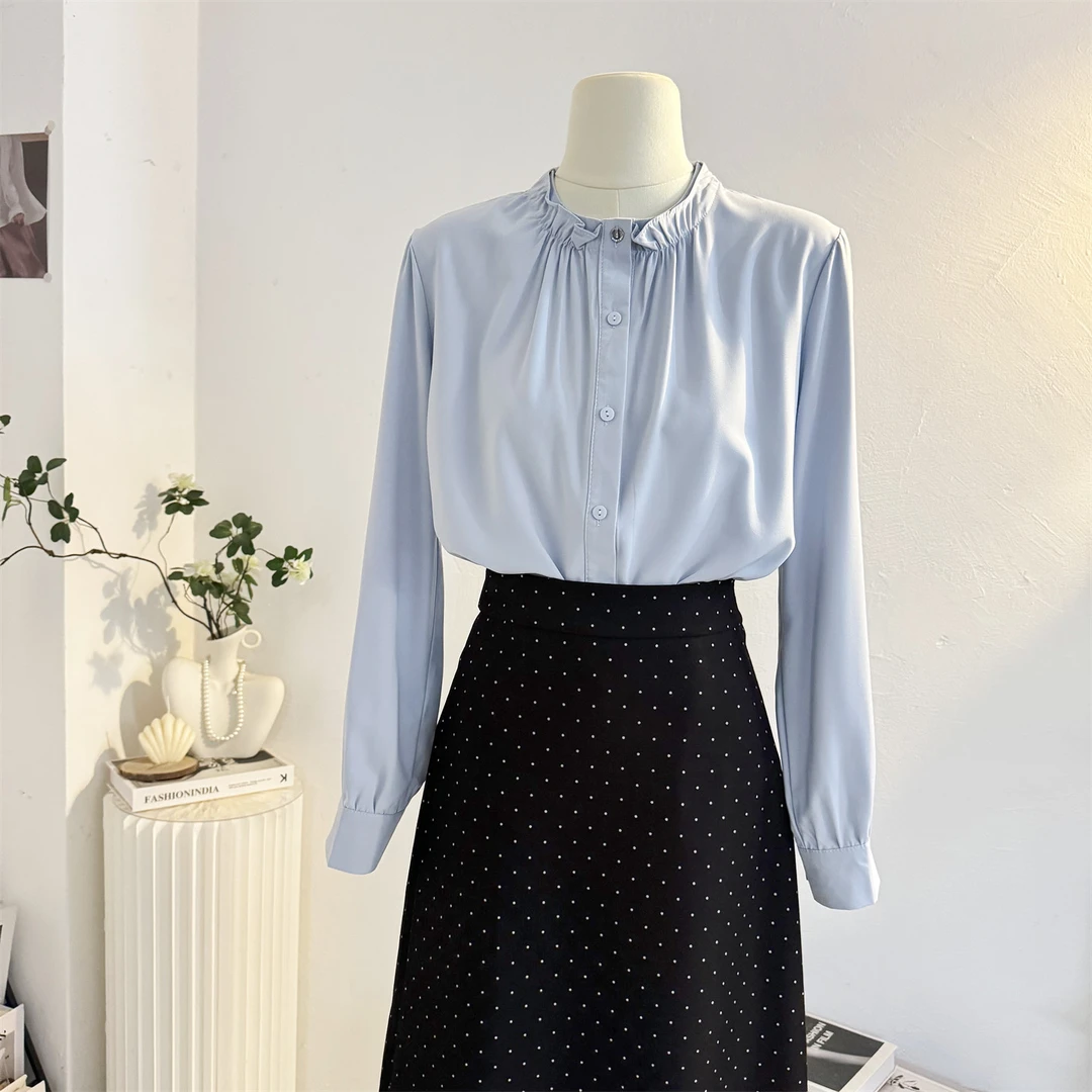 蓝色法式小立领长袖衬衫女2025秋设计感气质通勤衬衣垂感职业上衣