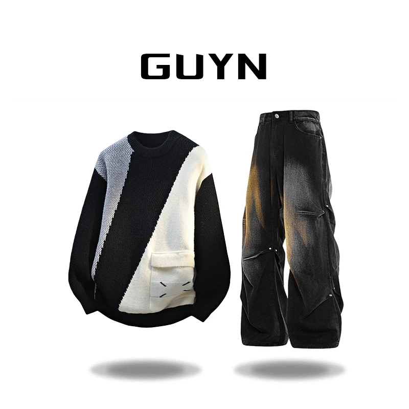 【品牌正品现货】GUYN拼接撞色毛衣男秋冬休闲潮流设计感针织衫男装