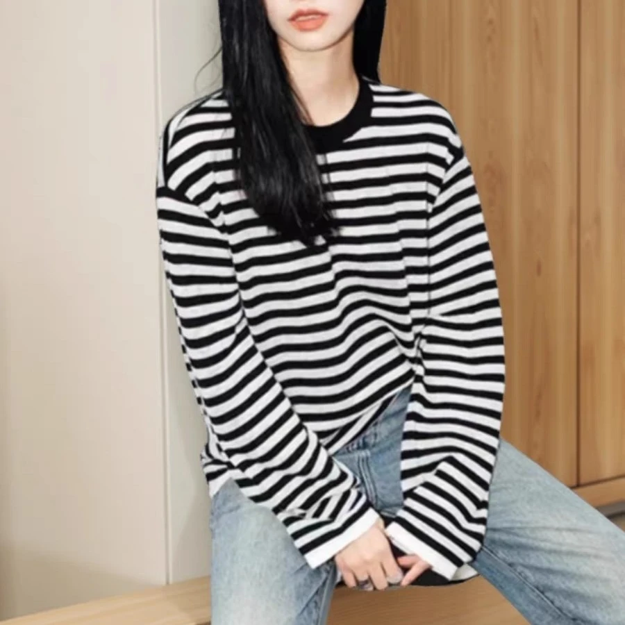 YZY松驰感黑白条纹针织衫薄款2025春宽松慵懒风长袖T恤女品质女装