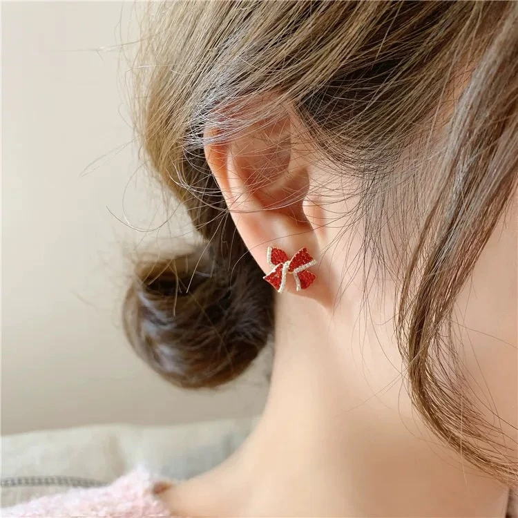 铜合金耳饰 红色蝴蝶结耳钉气质简约小巧精致小众设计感耳F1422