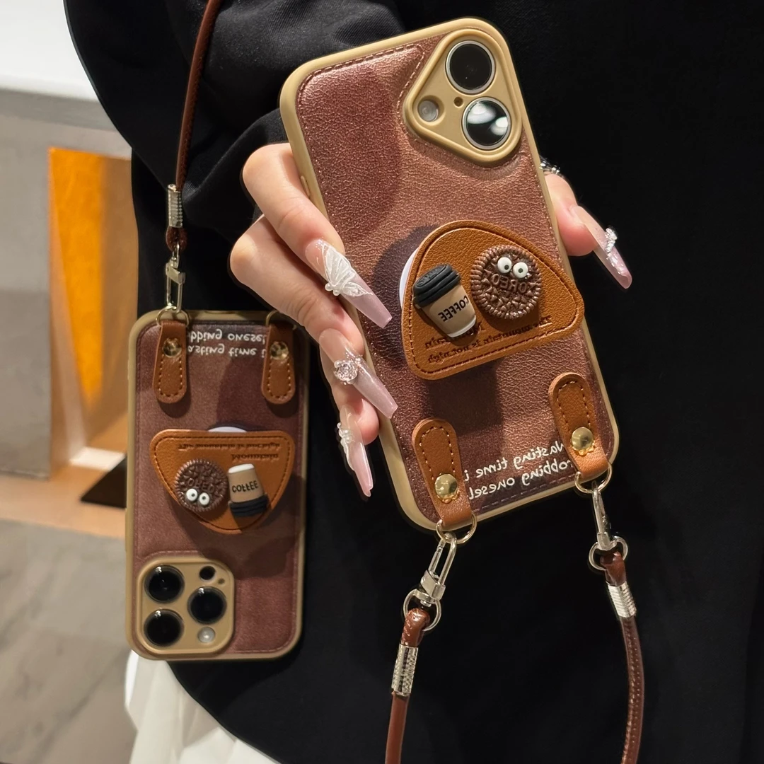 煤球咖啡支架挂绳适用苹果16/17手机壳iPhone15小米14vivoppo华为