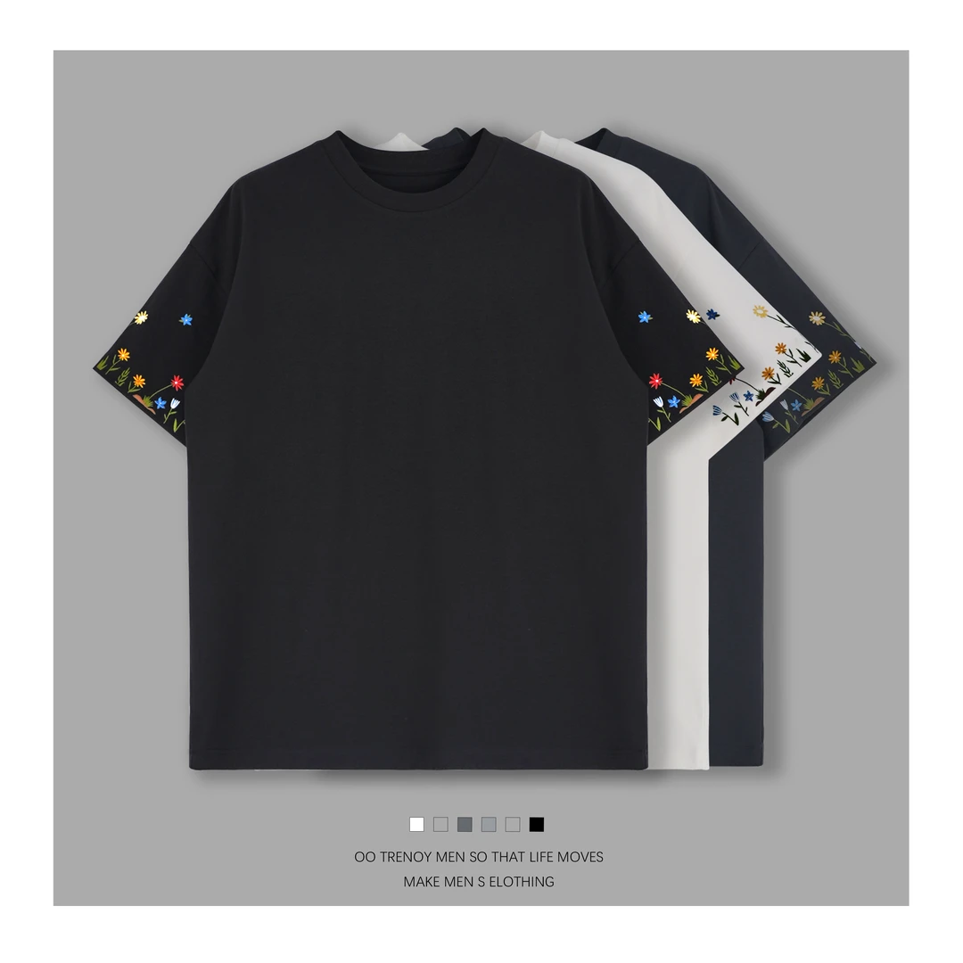 “六色砂云雾刺绣”宽松百搭新款潮流休闲圆领T恤简约时尚 81037