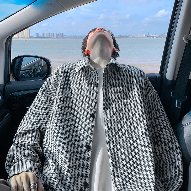 雪尼尔重磅鱼骨纹翻领夹克男款美式撞色条纹衬衫高级感小香风外套