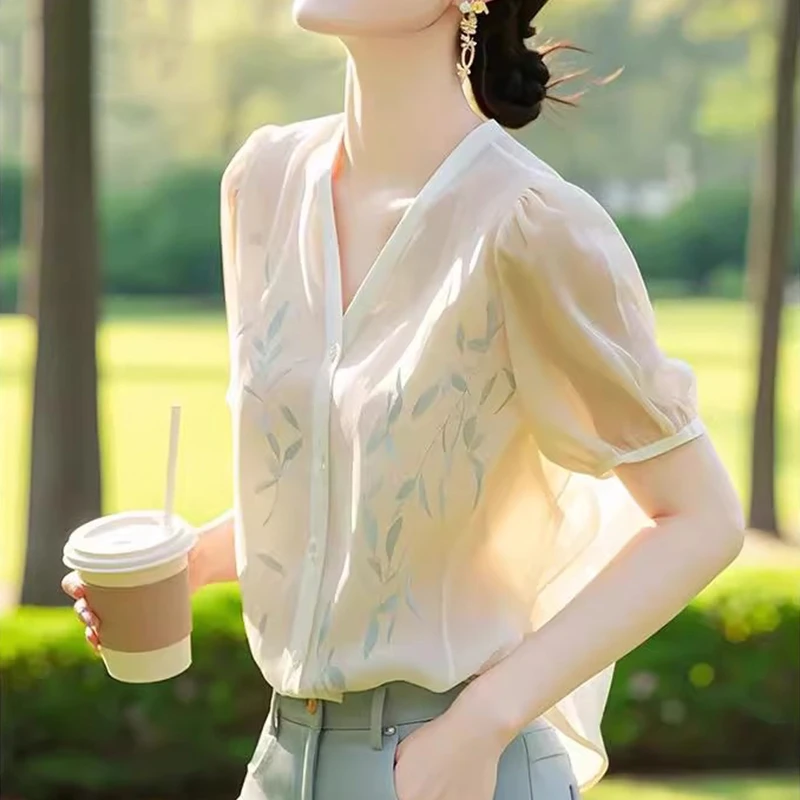 新中式水墨印花短袖V领显瘦衬衫女2025夏季新款洋气减龄宽松衬衣