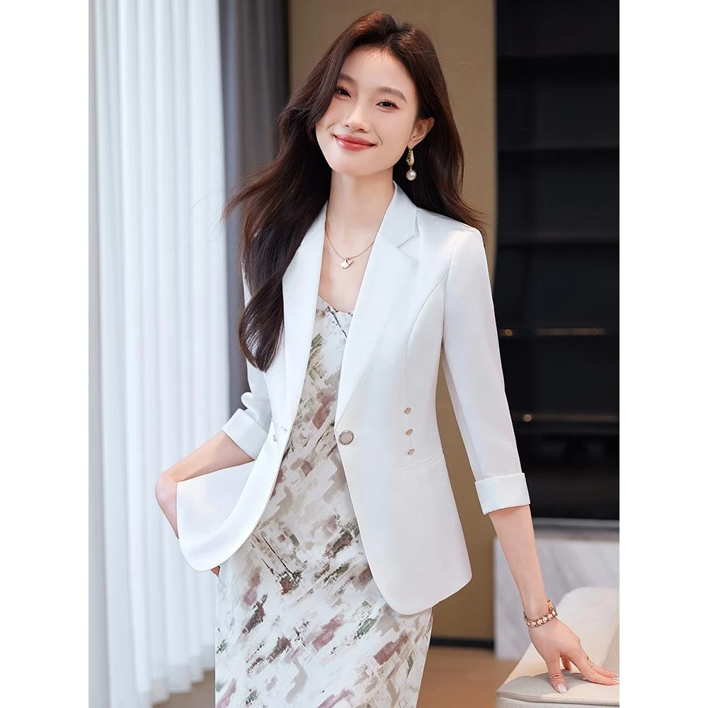 白色小西装外套女夏薄款2025新款高级感气质小个子七分袖西服上衣
