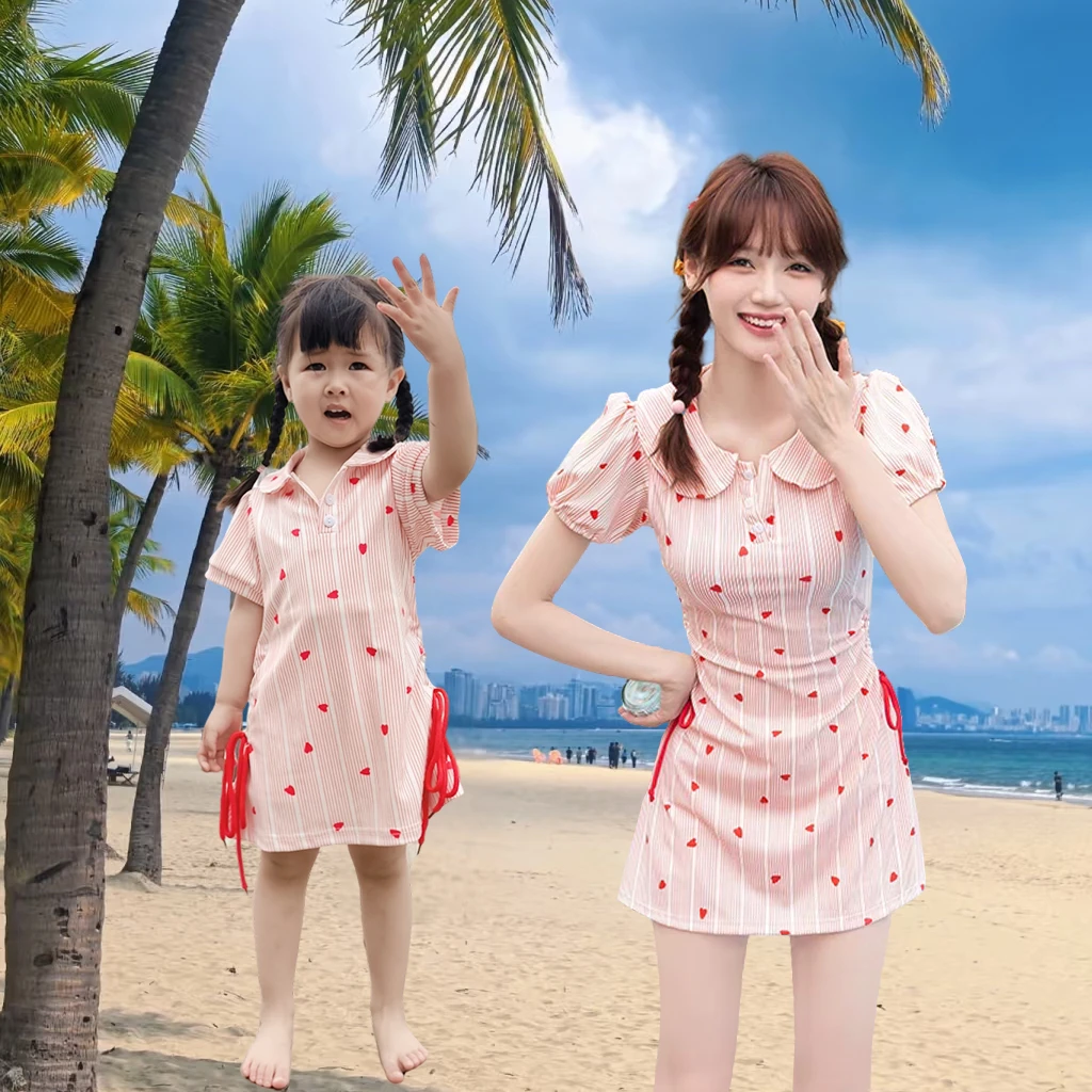 女童连体泳衣套装亲子保守显瘦裙式学生绝美少女可爱温泉游泳装夏