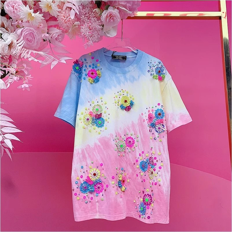A1564欧美设计师2025春夏新款重工钉珠刺绣亮片立体小花扎染T恤女