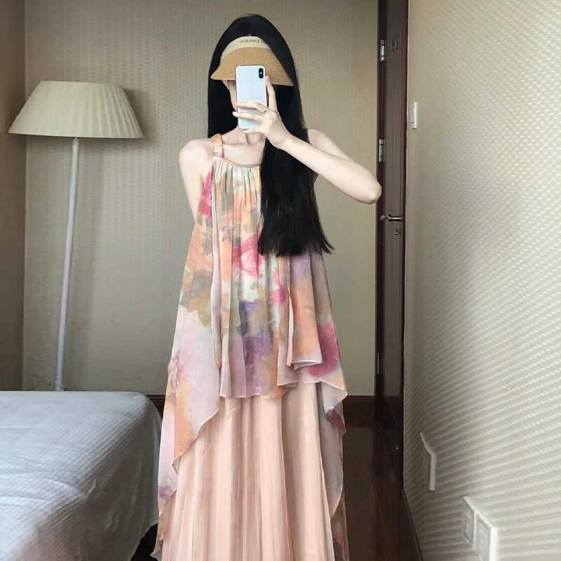 法式氛围感油画吊带连衣裙女夏季气质海边度假风假两件网纱长裙子