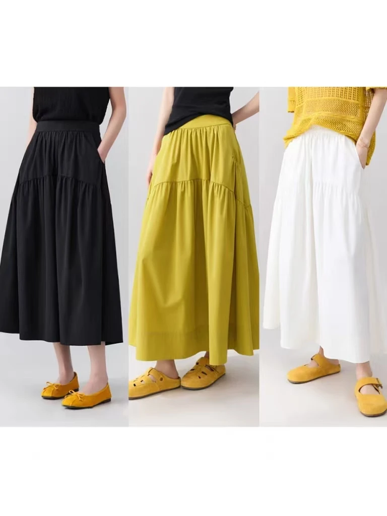 蛋糕裙半身裙女中长款春秋新款2025高腰A字松紧腰不规则褶皱伞裙