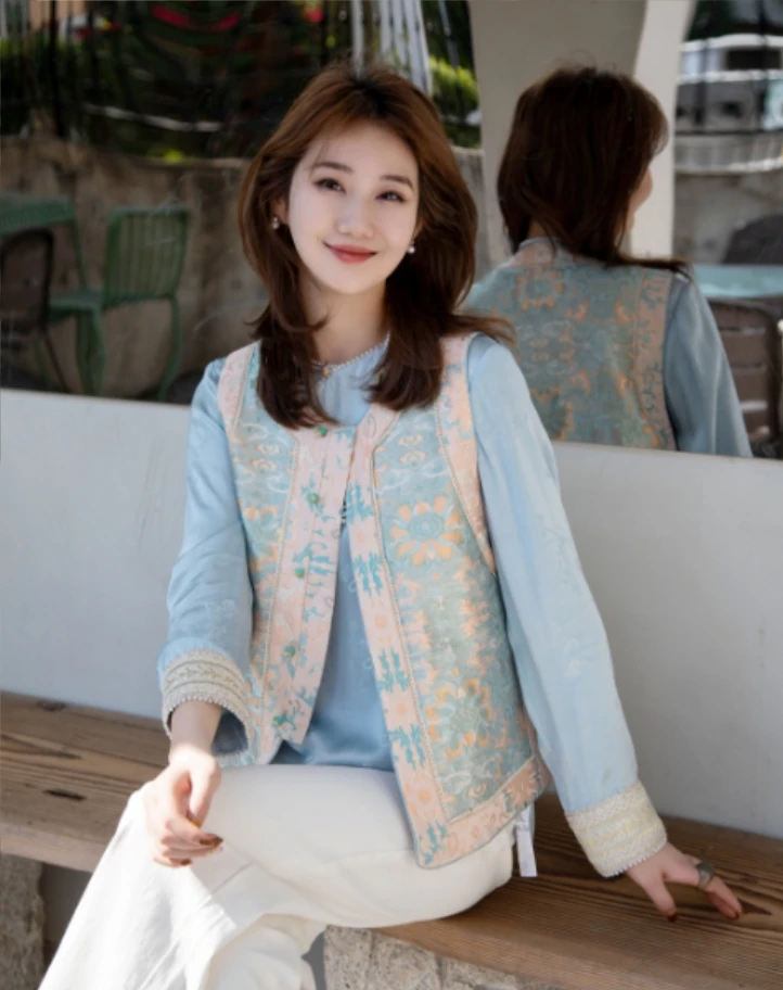 《粉地缠枝莲花》时尚新中式显瘦中国风重工织金马甲2698