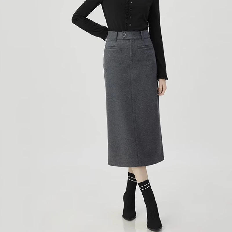 {专柜}商场同款秋冬高腰加厚磨毛半身裙女显瘦中长直筒裙1200369