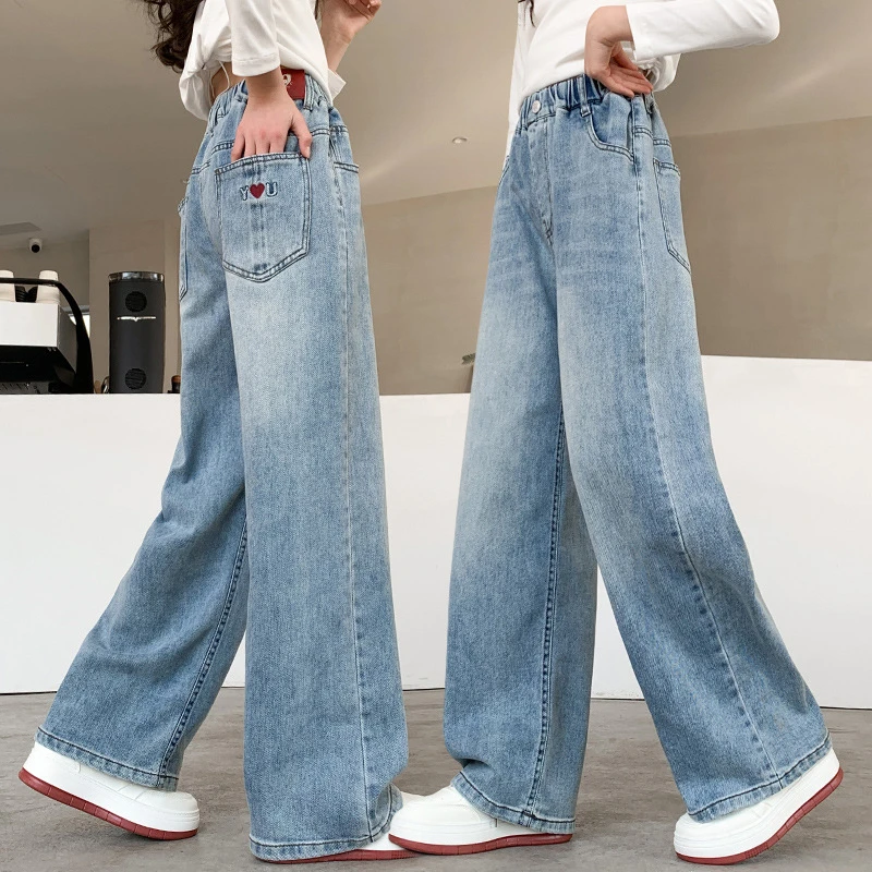 女童秋季牛仔长裤初中生儿童裤子洋气新款中大童阔腿裤6-12岁潮款