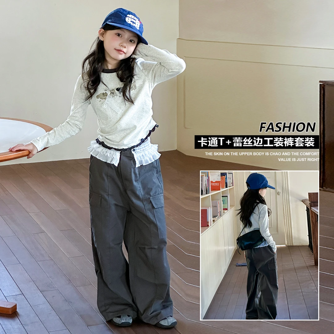 女童秋季新款套装中大童儿童洋气花边长袖上衣蝴蝶结韩版工装裤子