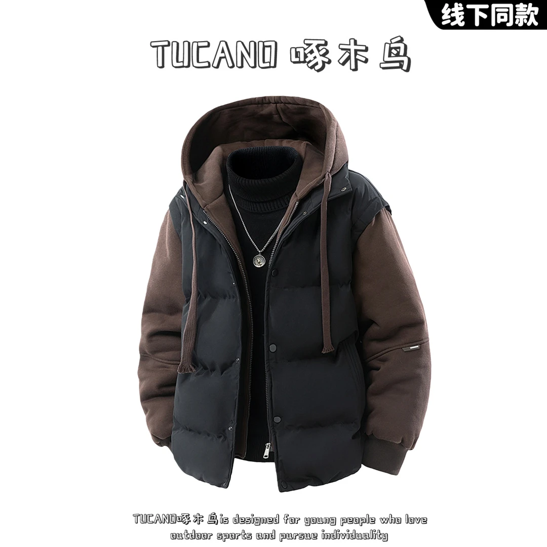 啄木鸟假两件棉衣男女款冬季加厚保暖连帽棉服2025新款青少年外套