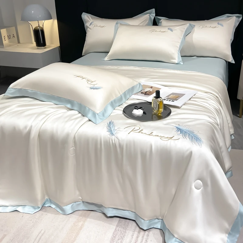 夏季冰丝夏凉被四件套空调被夏被可机洗裸睡丝滑凉感薄款被子床上