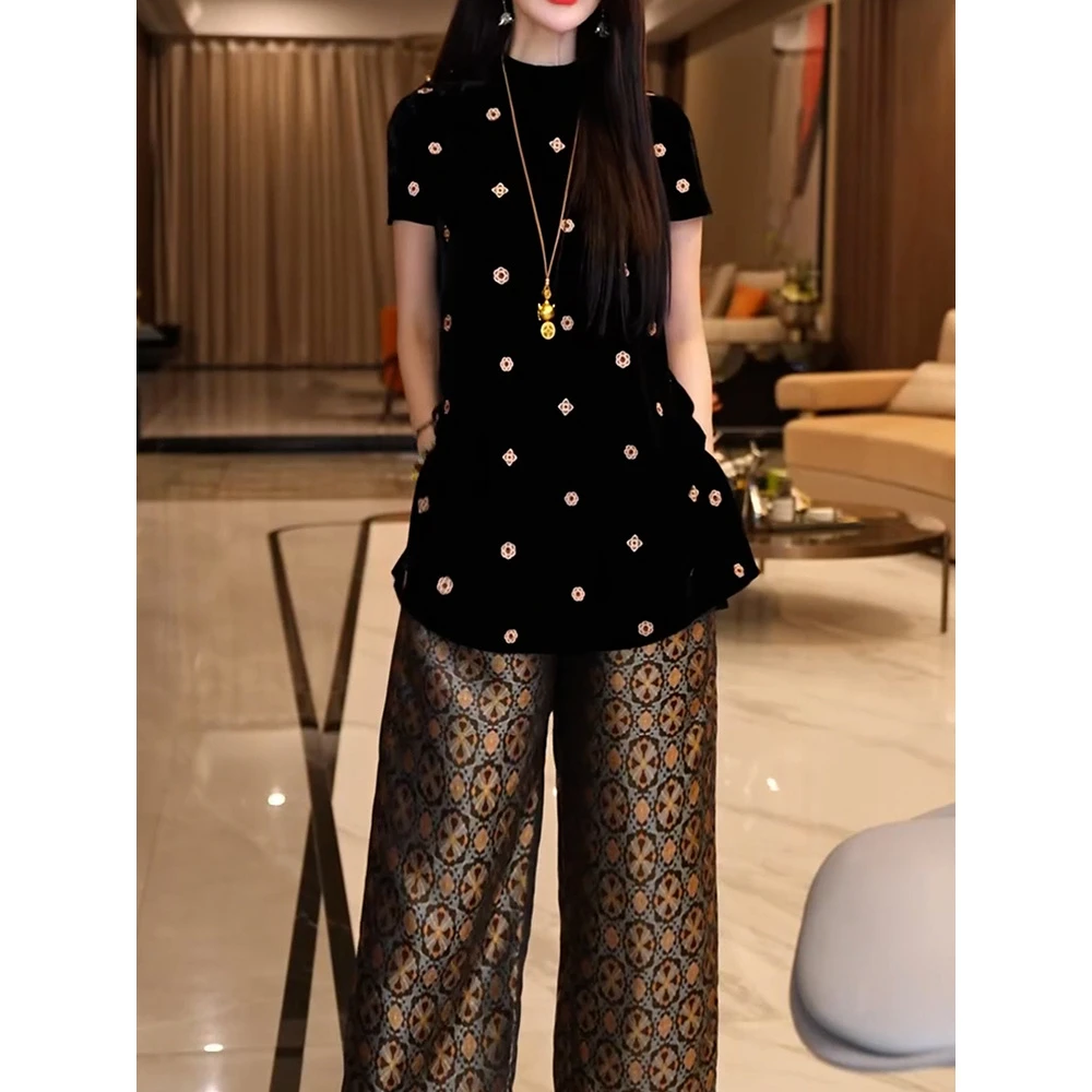 气质优雅高级感裤套装2025夏季新款文艺风立领百搭衬衫+印花裤子