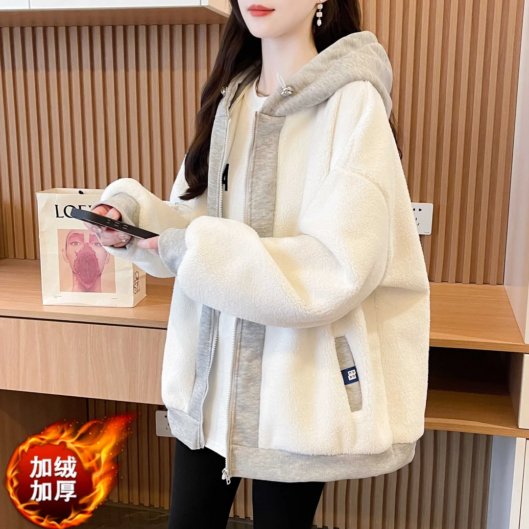 加绒加厚羊羔绒外套女2025秋冬新款学生宽松洋气拼接连帽开衫上衣