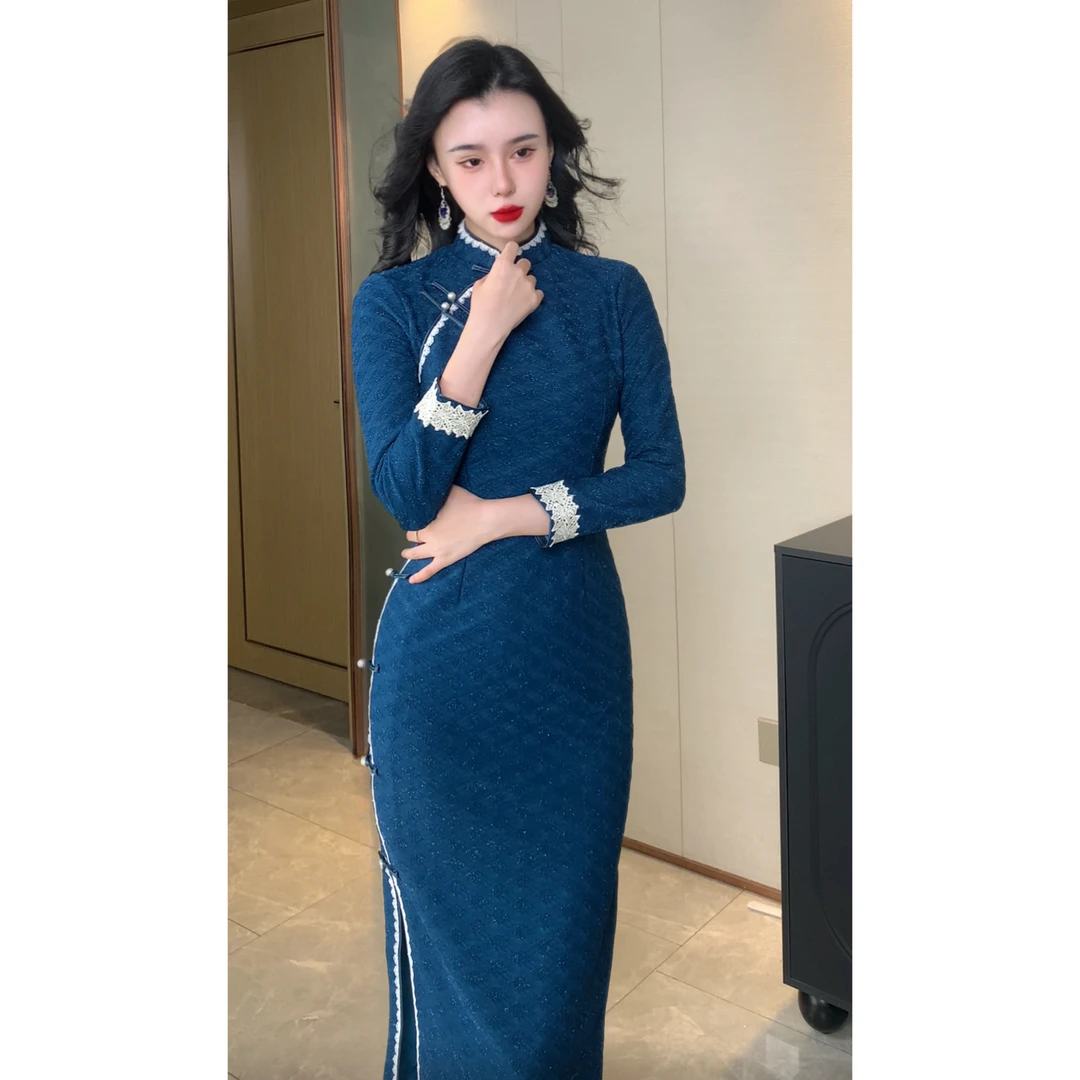 【黛蓝】玉簪记冬季新款旗袍古法全开襟日常显瘦高级感旗袍125cm