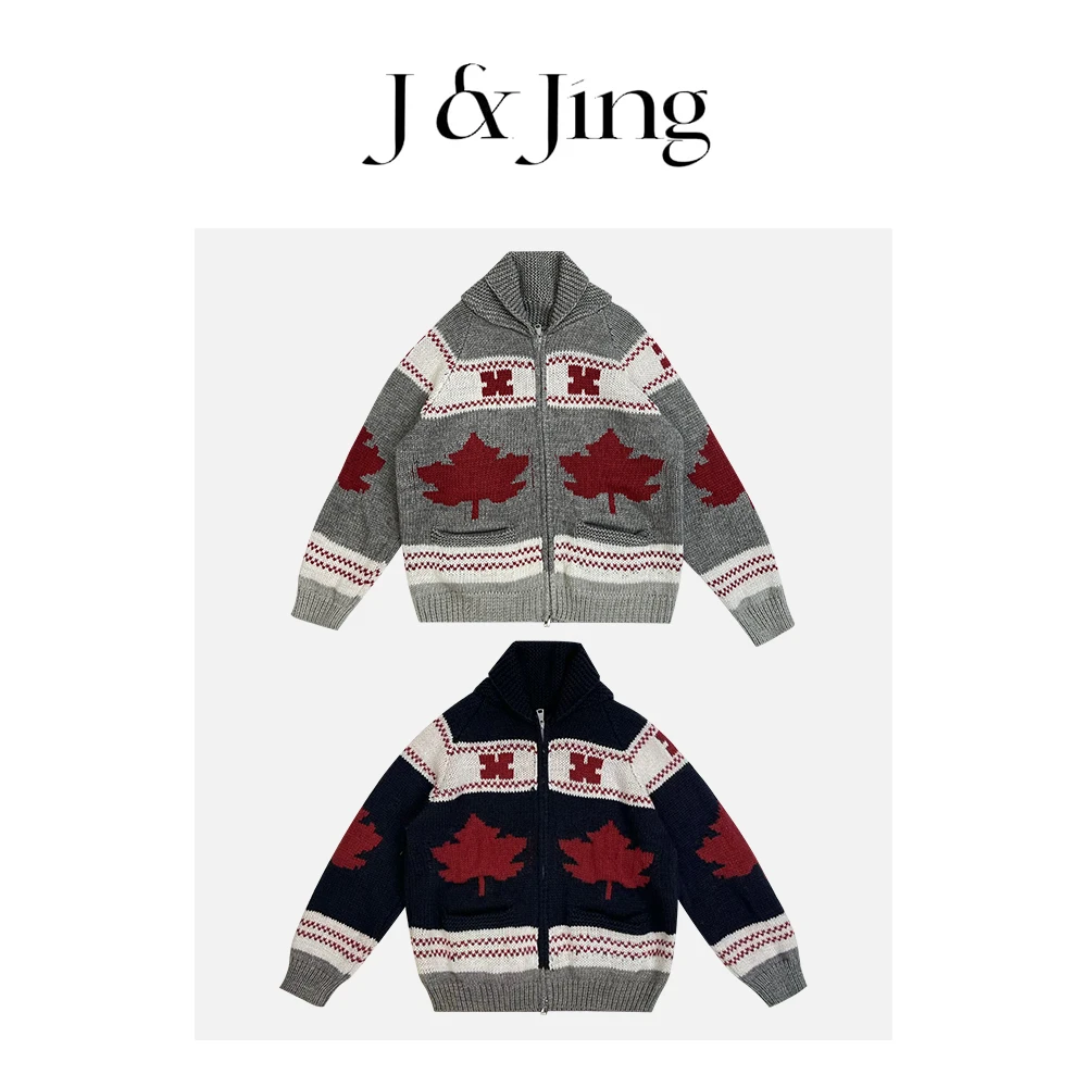 J&Jing-「北海道的枫叶」-秋冬季宽松百搭保暖针织开衫外套MD85103