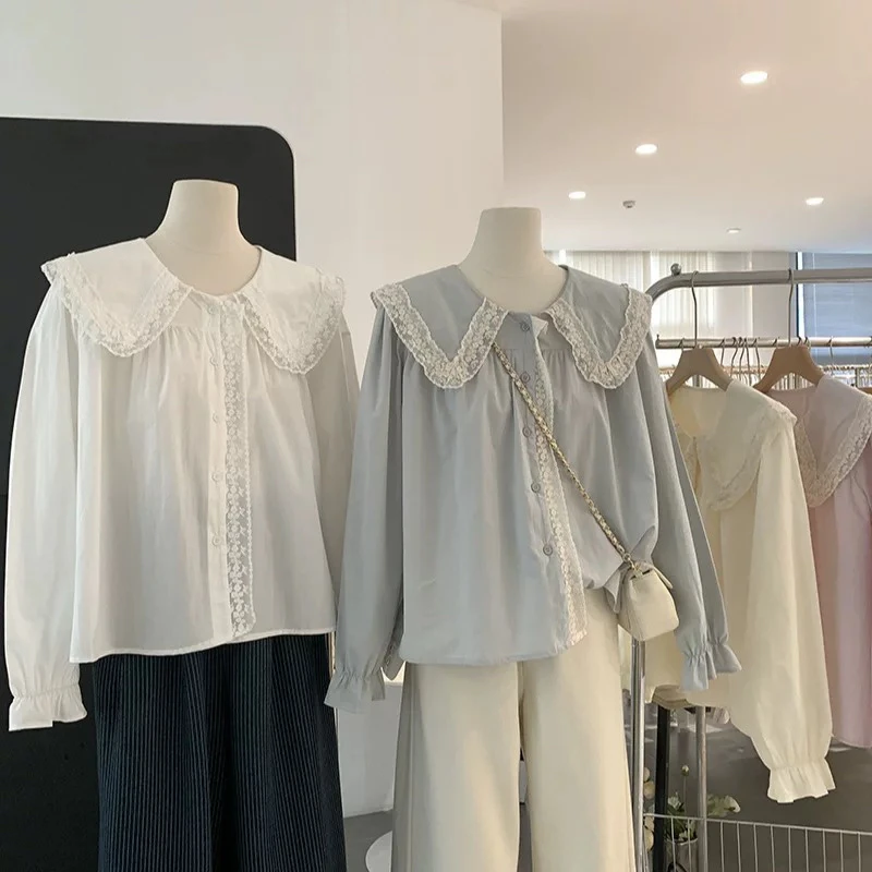 娃娃领拼接蕾丝花边单排扣长袖衬衫2025春季甜美上衣