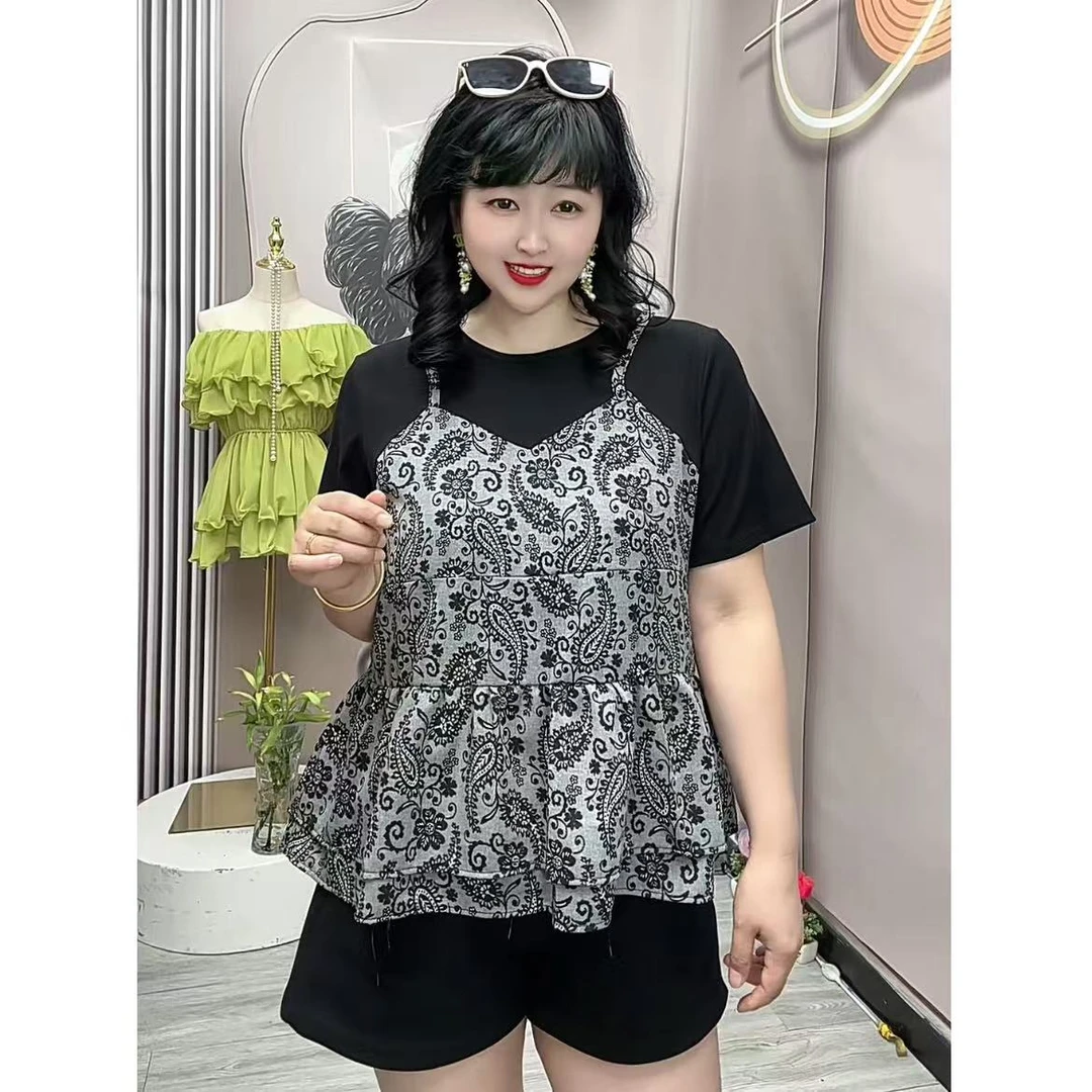 岚岚大码女装夏新款圆领假两件洋气高级感短袖衫909