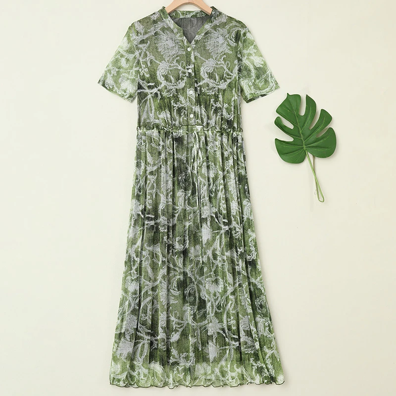 LANZIBES/蓝之蓓真丝网纱碎花系带连衣裙舒适桑蚕丝网眼短袖Q9364