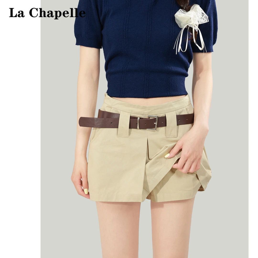 拉夏贝尔卡其色高腰休闲短裤女2025夏季复古设计显瘦辣妹a字裙裤