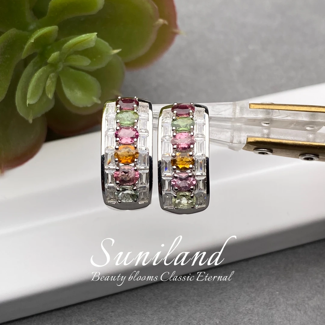 M263–主石共1.9ct多彩碧玺S925银耳环/多样性发1件