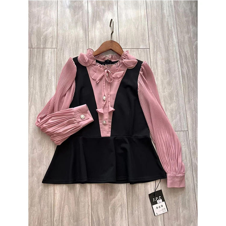 月湾湾 时尚拼接粉色立体花朵衬衫