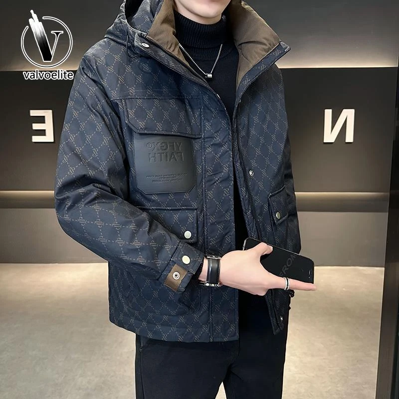 VALVOELITE冬季羽绒服男连帽新款高端潮牌修身帅气印花防寒外套潮