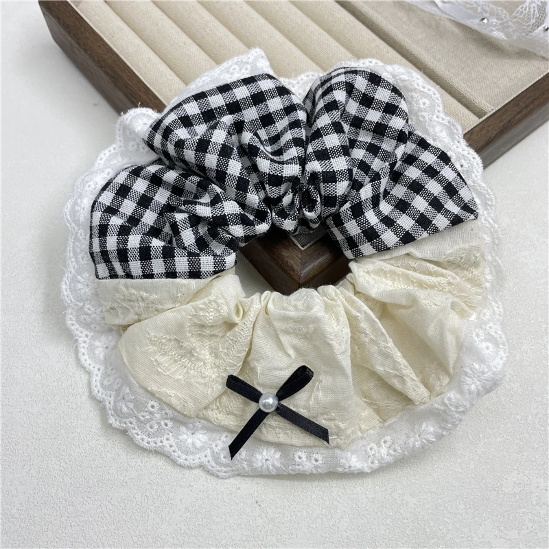 韩版简约芭蕾风黑白格子百搭珍珠丝带蝴蝶结拼接大肠发圈马尾发绳