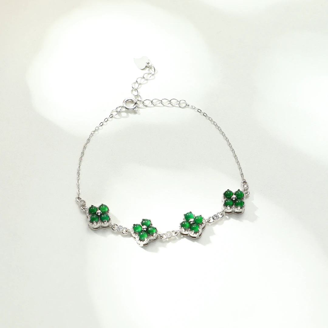 Tender Jinger新款S925银镶嵌天然翡翠满天星四叶草手链轻奢高级