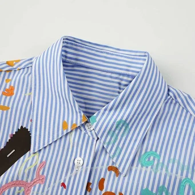 H0312-2025春季新款时尚百搭款式涂鸦印花条纹衬衫女