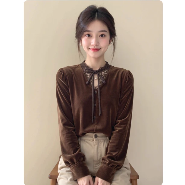 新中式女装咖色蕾丝拼接立领丝绒旗袍上衣25冬超好看国风内搭小衫