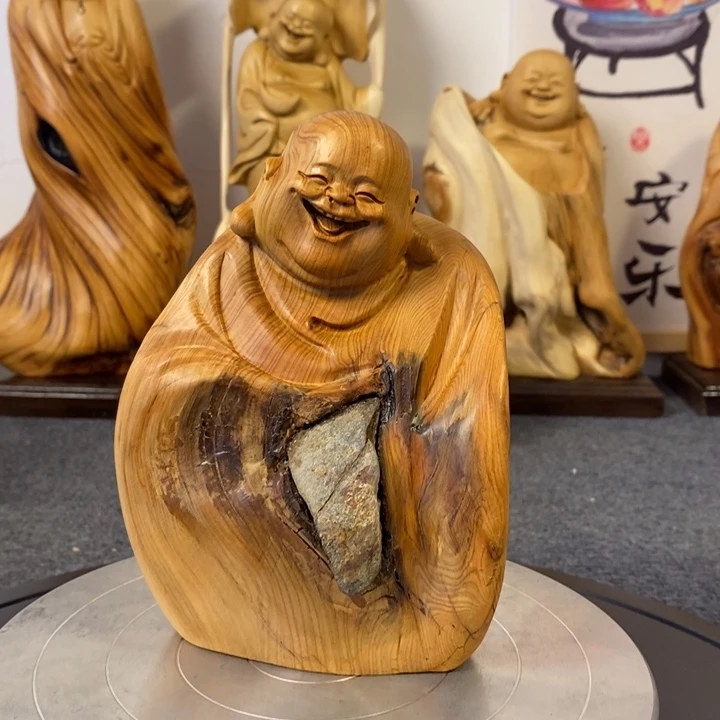 柏木（崖柏）崖柏弥勒佛摆件根雕工艺品抱石