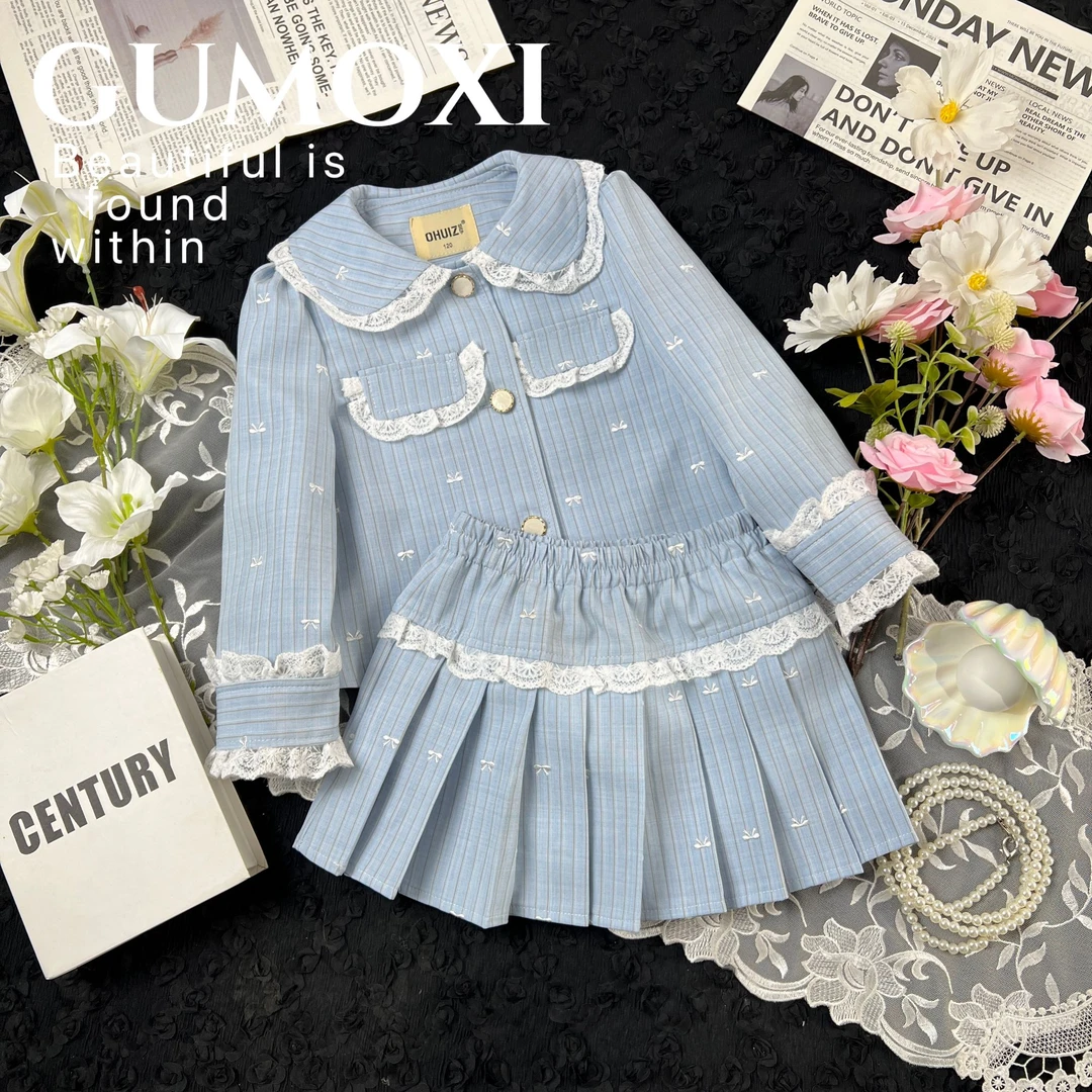 春季新款轻奢蓝色洋气女宝套装学院百褶风小香风时尚儿童套装