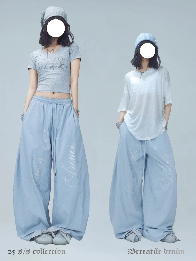 街舞潮牌宽松气球裤女静音速干防晒爵士辣妹简约显瘦运动束绳长裤