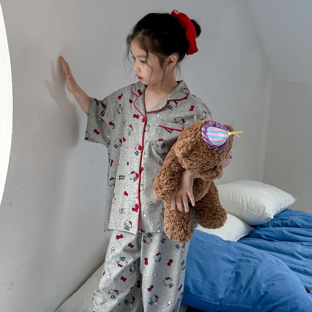 童睡衣2025夏季女宝宝韩版卡通翻领家居服套装休闲宽松两件套
