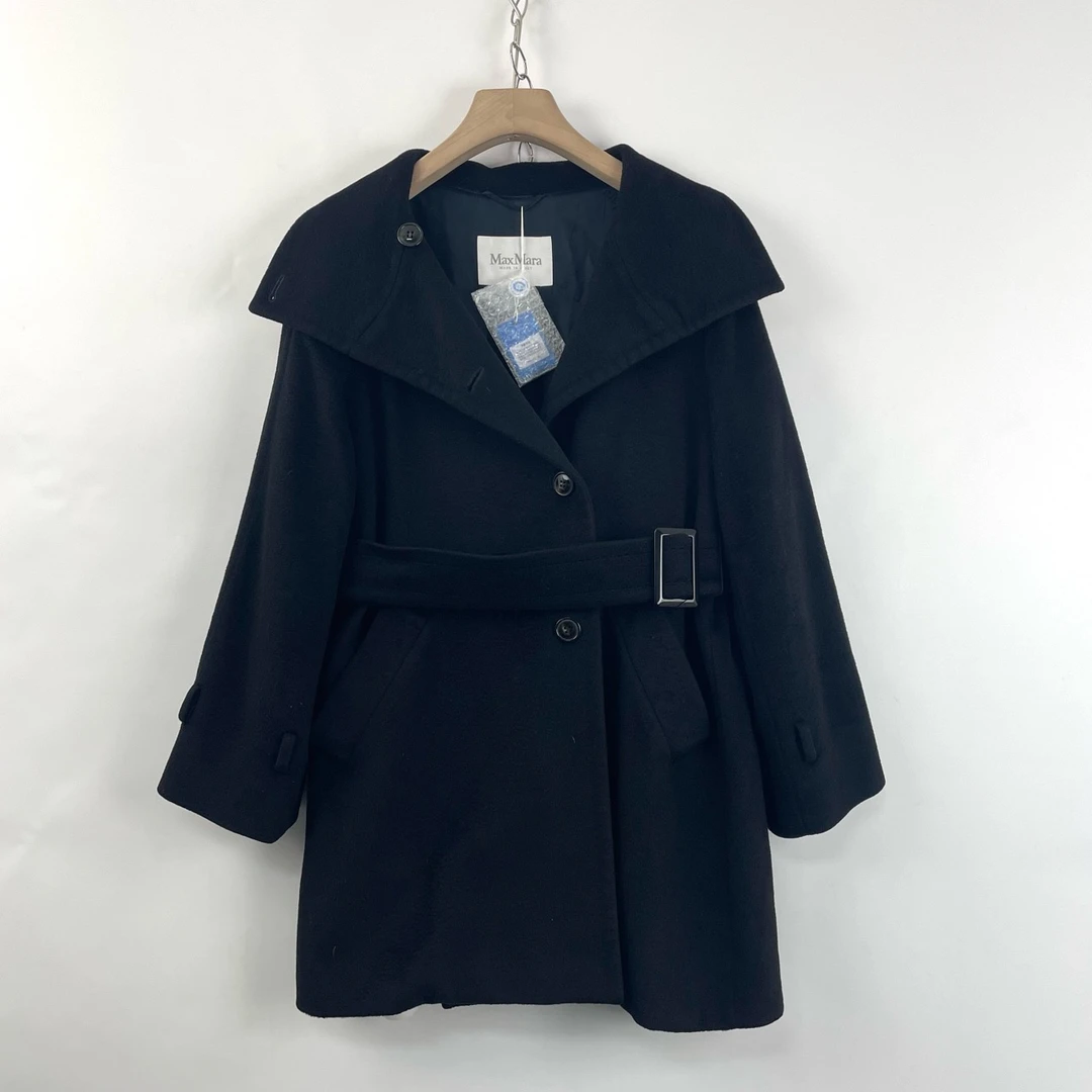 95新 MaxMara 38码/少配件/黑色中长款毛呢大衣/05364