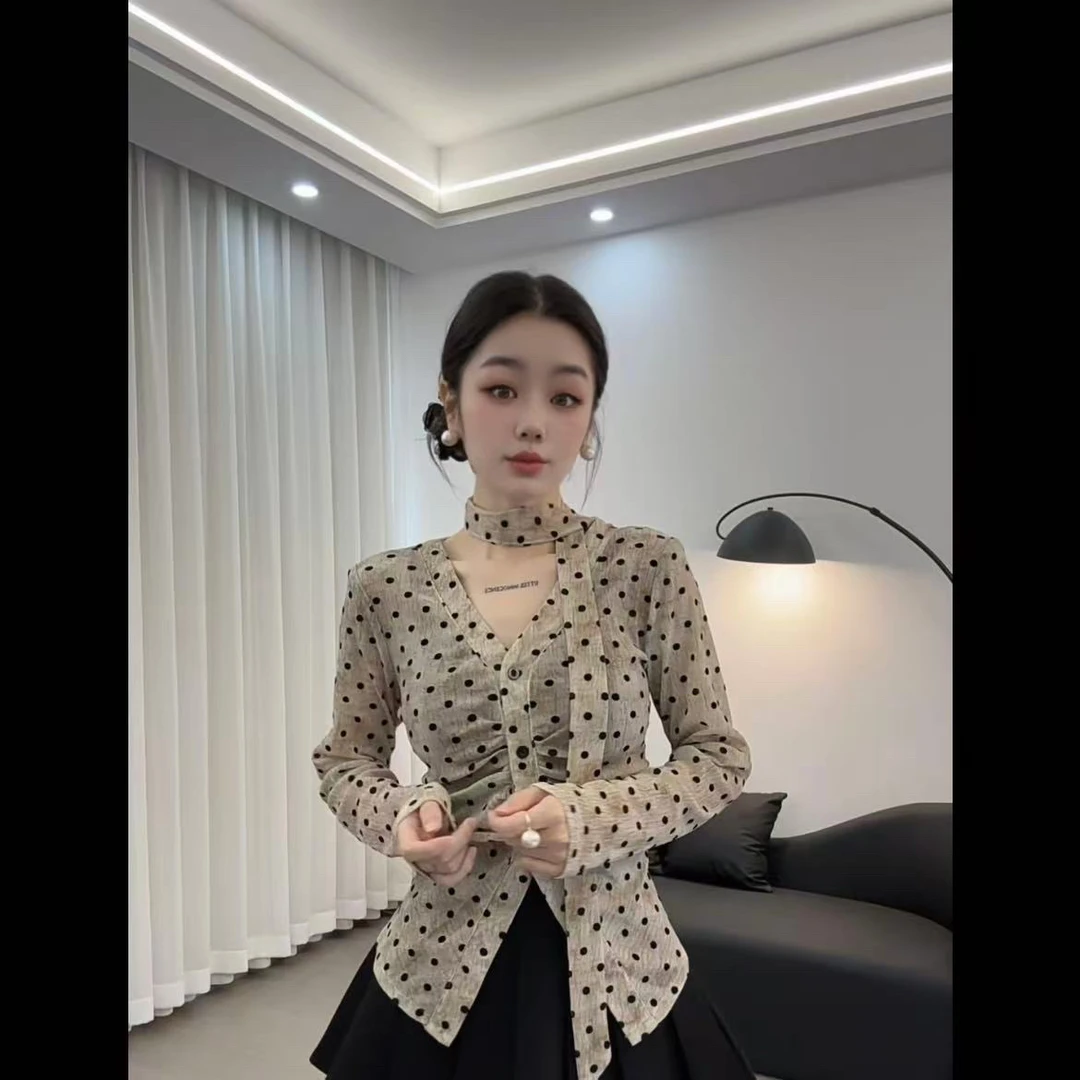 小众别致渐变色飘带波点长袖收腰褶皱衬衣女款上衣