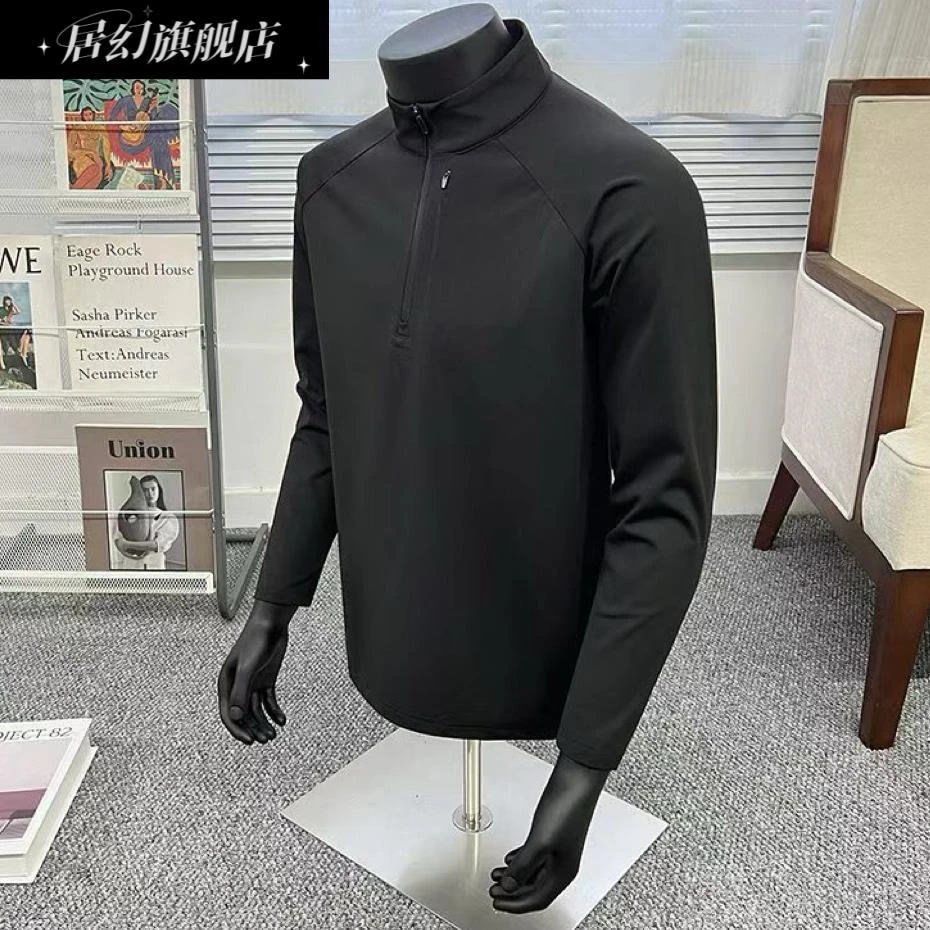 居幻秋冬新款男士薄绒通勤长袖户外运动半高领保暖半拉炼长袖上衣