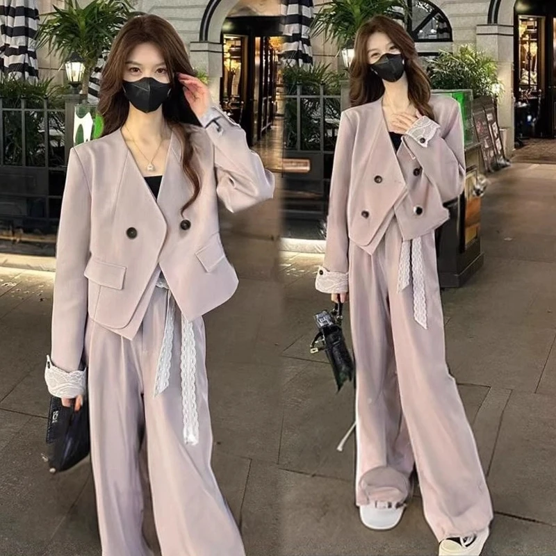 现货  春季新款时尚套装女显瘦百搭西装外套阔腿裤三件套L51TZ056