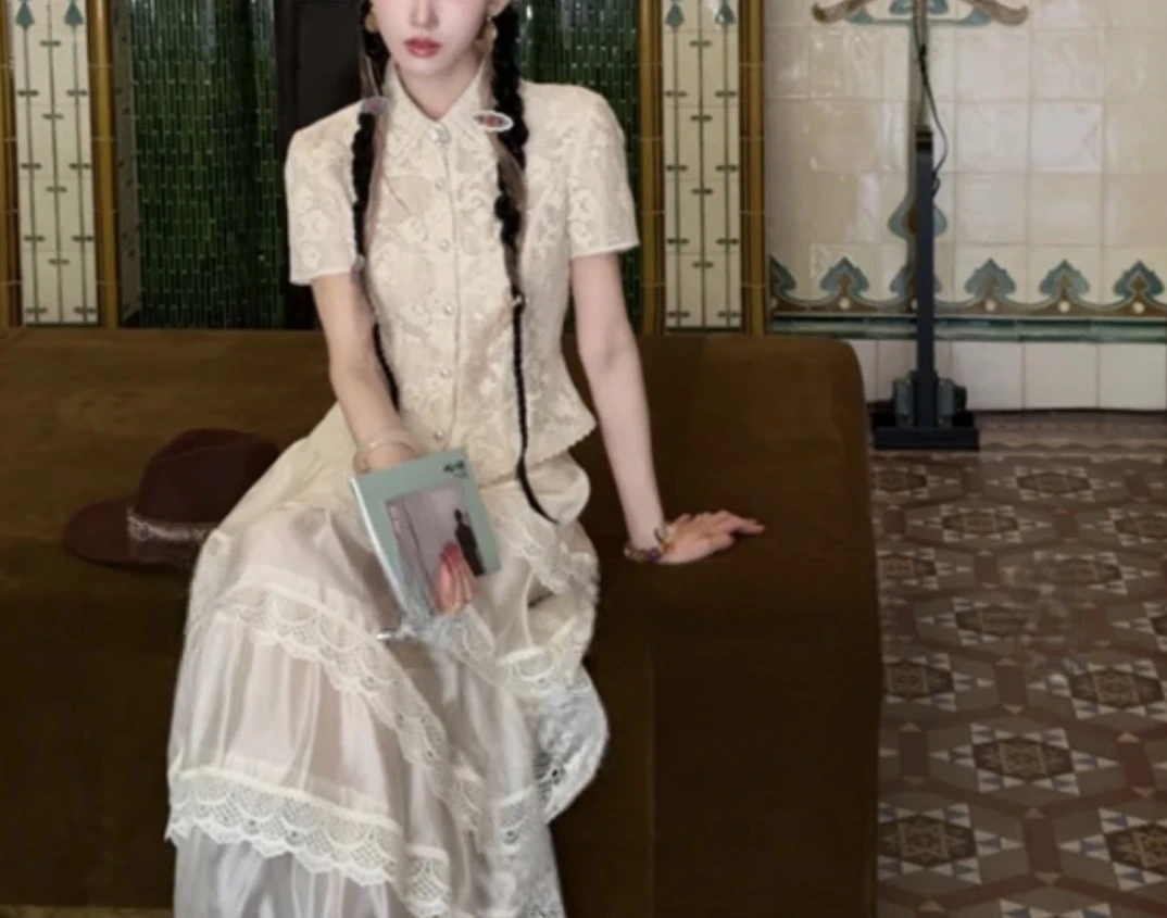 【圣池少女】静奢浪漫收腰上衣+半裙套装