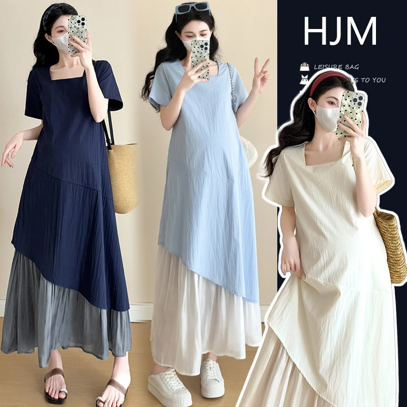 2025夏季新款方领高级感时尚显瘦孕妇装假两件中长款连衣裙外穿