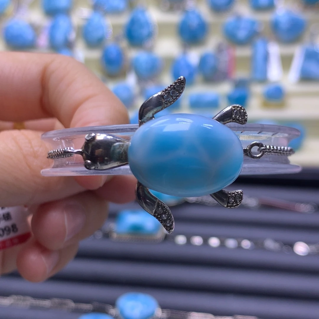 针钠钙石（海纹石）银S925镶嵌手链银龟手链色差略异