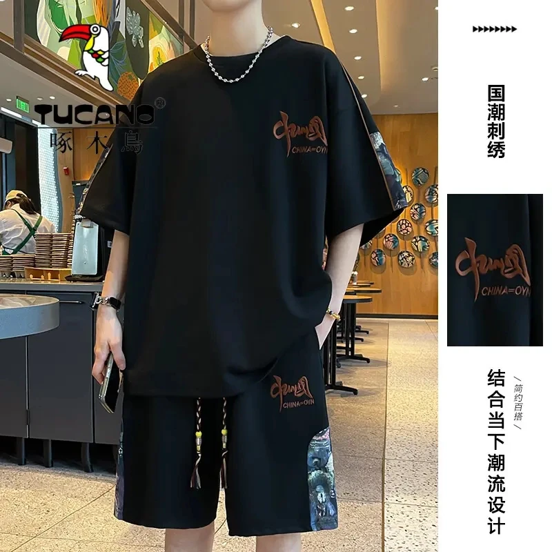啄木鸟300斤休闲大码短袖恤套装男潮流新中式宽松短裤两2025新款